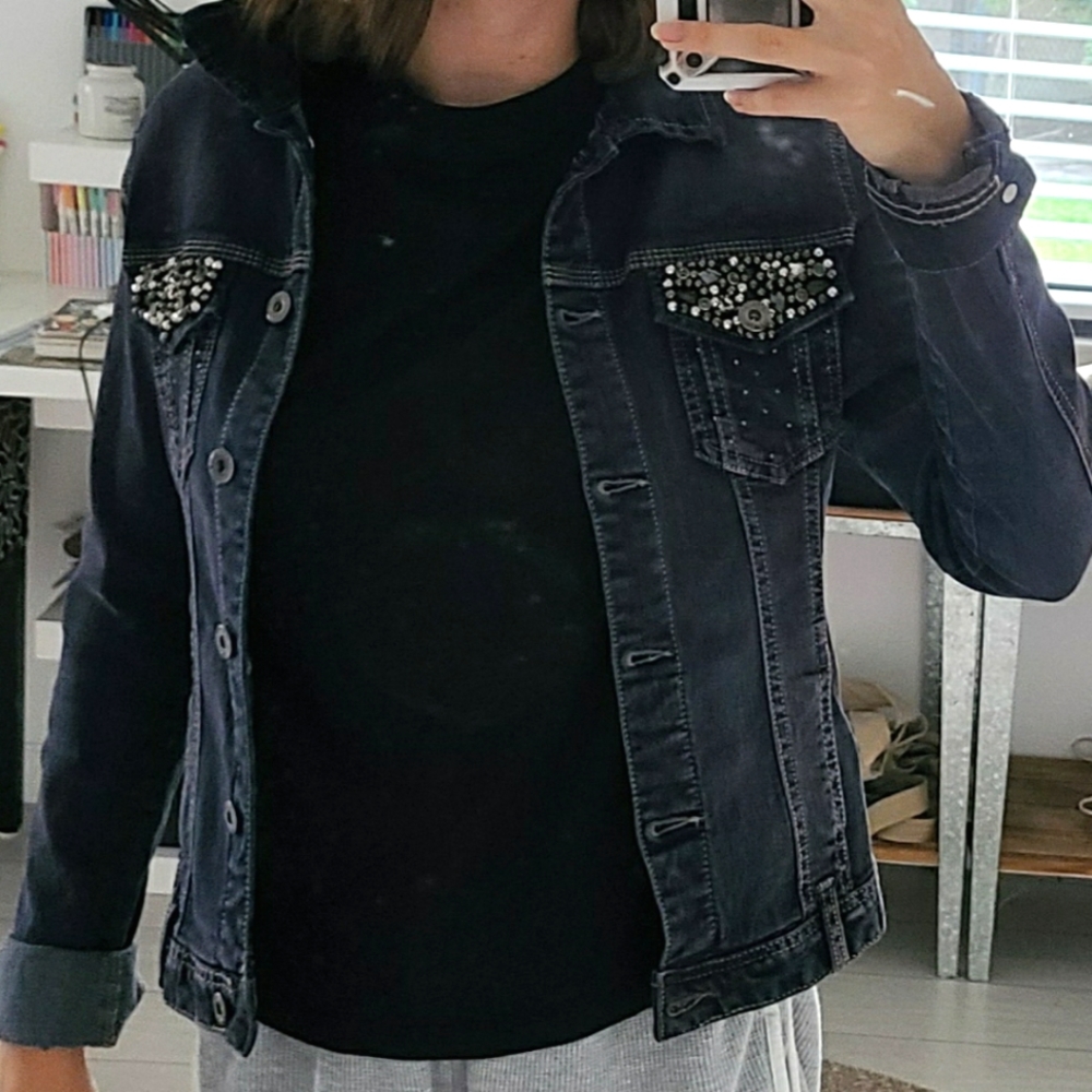 Dark Blue Jean Jacket Small Cropped Sparkles Gems !